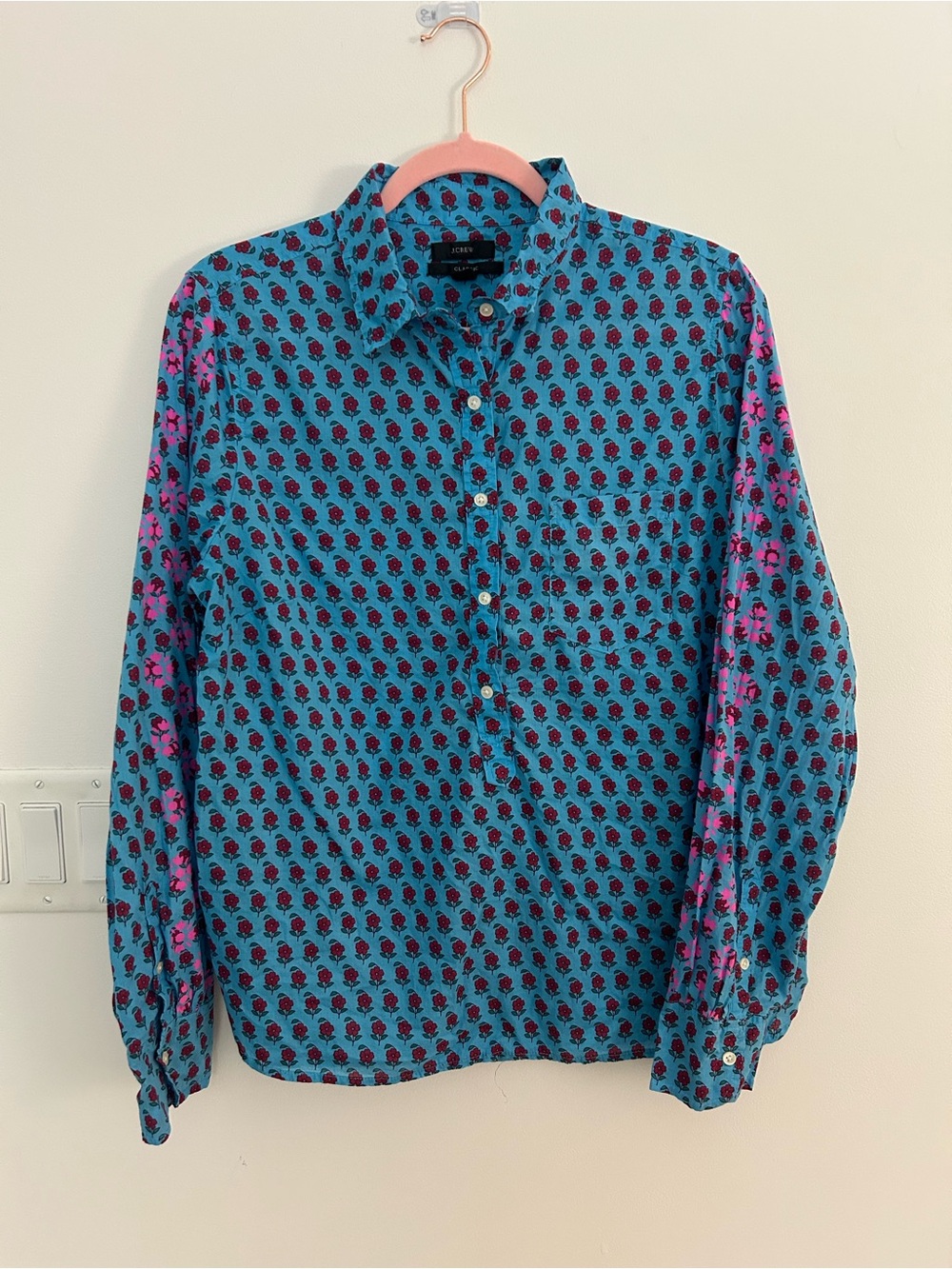 J.Crew Classic Fit Women’s Small Blue Pink Floral Button Front Shirt 100% Cotton